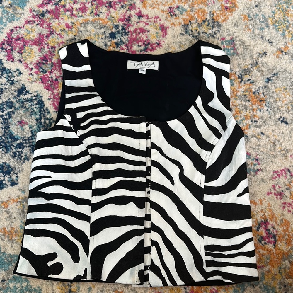 Zebra print black white corset top TAIGA PARIS SZ 10